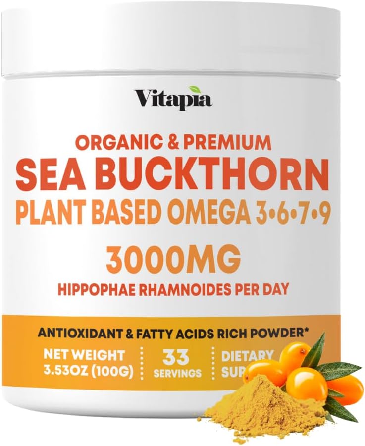 Organické Sea Buckthorn extrakt prášok s prírodnou Omega 7 & Omega 3 6 9 pre zdravie srdca, kože, Imunitná podpora - 100g prášok doplnok & 33 deň dodávky - non-GMO, Gluten-free, Vegan-Priateľ