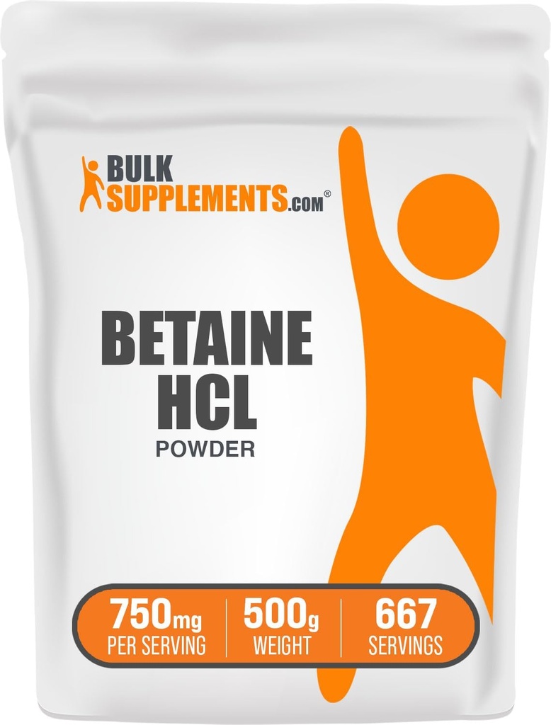 BulkSupplements.com Betaine HCl Powder - Betaine Hydrochloride Supplement, Digestive Support - Gluten Free, 750mg per Serving, 500g (1,1 lbs) (Pack of 1)