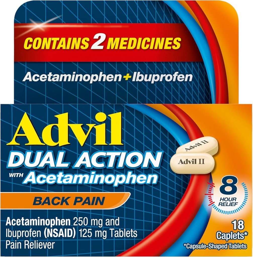 Advil Dual Action Bolesť chrbta Kaplety Dodáva 250 mg Ibuprofenu a 500 mg acetaminofénu na dávku 8 hodín úľavy od bolesti chrbta - 18 Počet