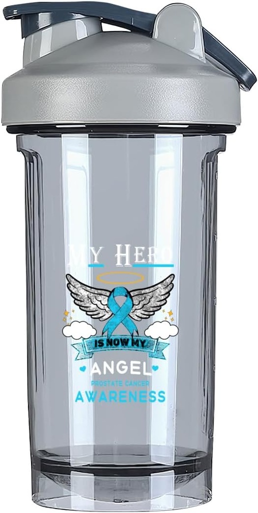 Môj hrdina je teraz môj anjel prostaty rakovina povedomie 18 Ounce Shaker fľaša nápoj mixér nechuť-odolný pred cvičením proteín Shake Meal Replacement Shakes fľašu 500ML/18 Oz Gray