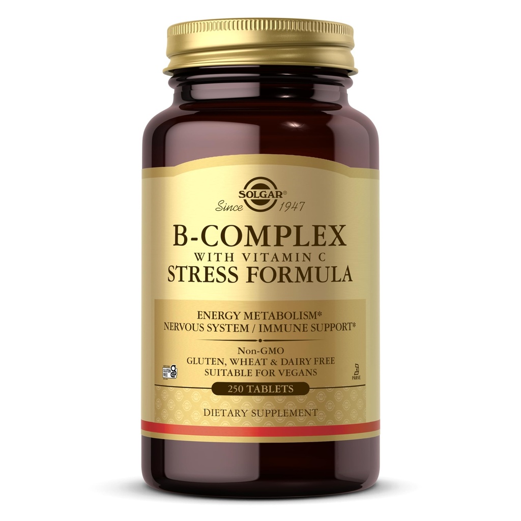 Solgar B-Complex s vitamínom C stres vzorca, 250 tabliet - Energetický metabolizmus, Nervový systém a imunitná podpora - non-GMO, Vegan, Gluten Free, Dairy Free, Kosher - 125 Servings