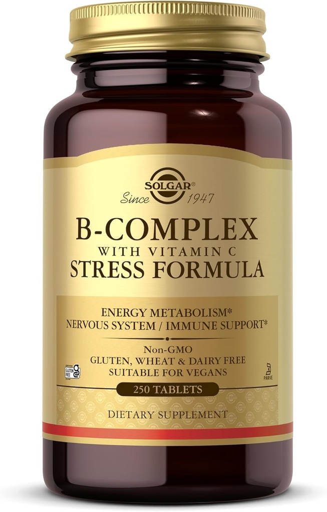 Solgar B-Complex with Vitamin C Stress Formula, 250 Tablets - Energy Metabolism, Nervous System & Immune Support - Non-GMO, Vegan, Gluten Free, Dairy Free, Kosher - 125 Servings