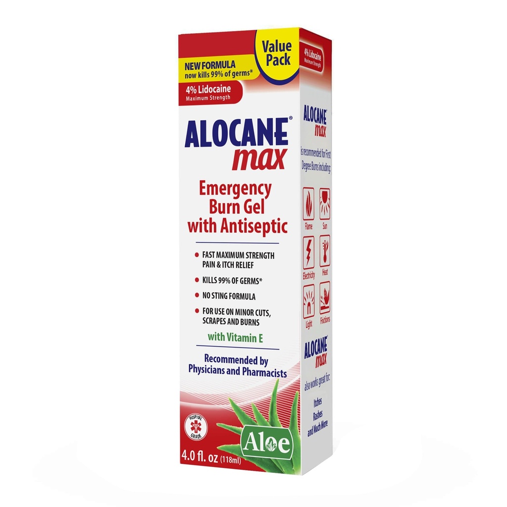 Alocane Max Emergency Burn Gel, 4% Lidocain Hydrochlorid, .13% benzalkónium chlorid, Maximálna sila Relief, Svrbenie Relief, Sunburns, Kitchen, Radiation, Chemical, First-Degree Burns, 4 Fl Oz
