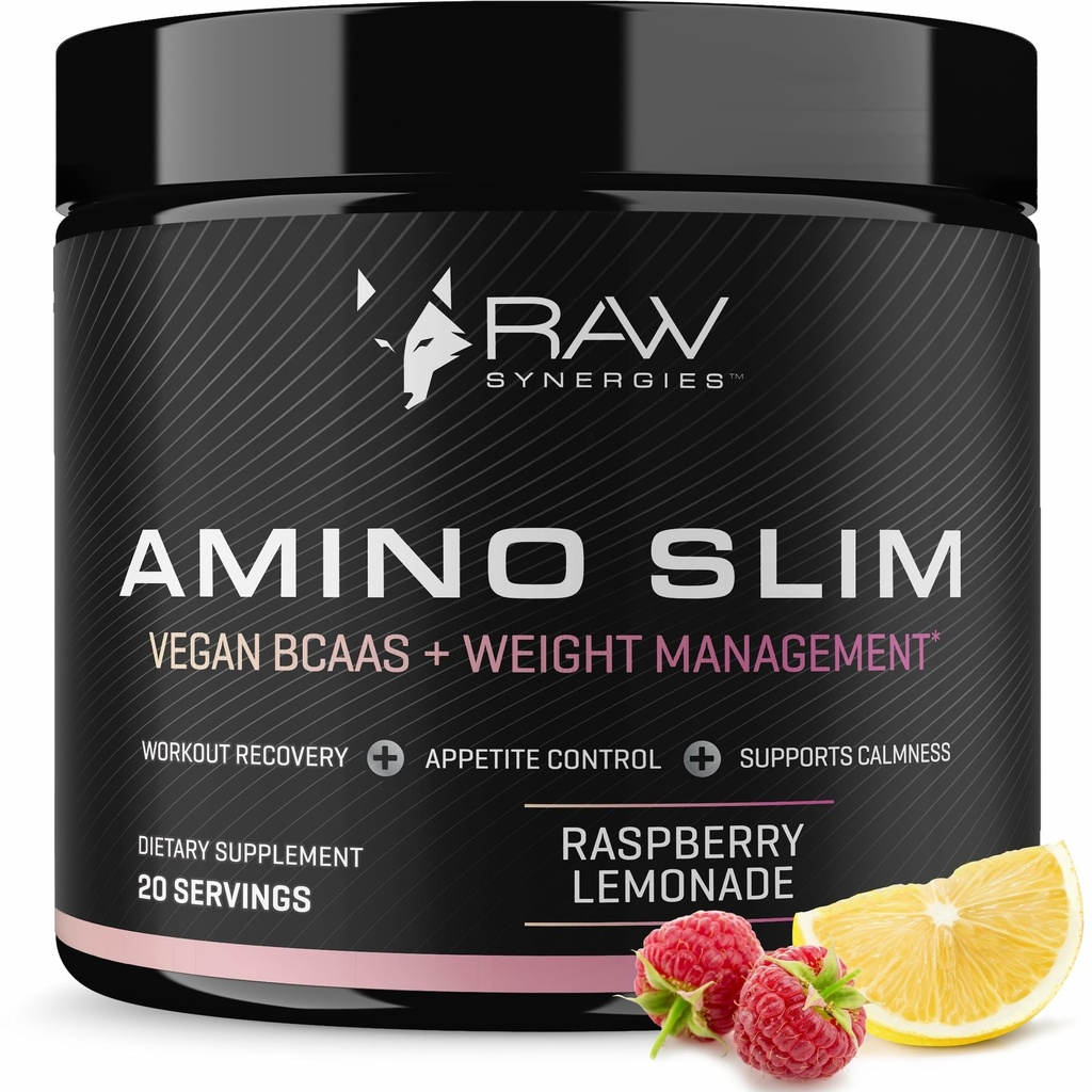 RAW Synergie Amino Slim - Active Lifestyle Supplement for Metabolic & Mindful Eating Support - Muscle & Energy Support - Cukor-free & Vegan - malinová citróna - 20 Servings