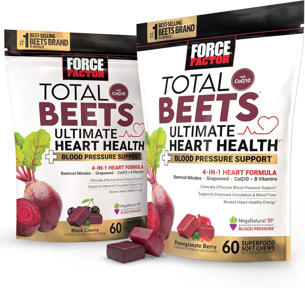Zásobník sily Total Beets Ultimate Heart Health Krvný tlak Podpora Žuvačky s CoQ10, Beet Root Powder, Grape Seed Extract, Krvný tlak Supplement for Circulation & Blood Flow, 120 Mäkký