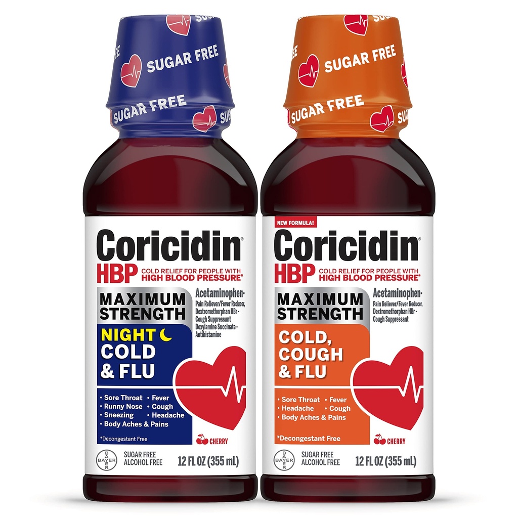 Coricidin HBP Maximálna sila studená a chrípka deň a noc bez cukru Tekuté Twinpack, Dekongestant-free studená medicína pre dospelých s vysokým krvným tlakom -12 Fl Oz (sada 2)