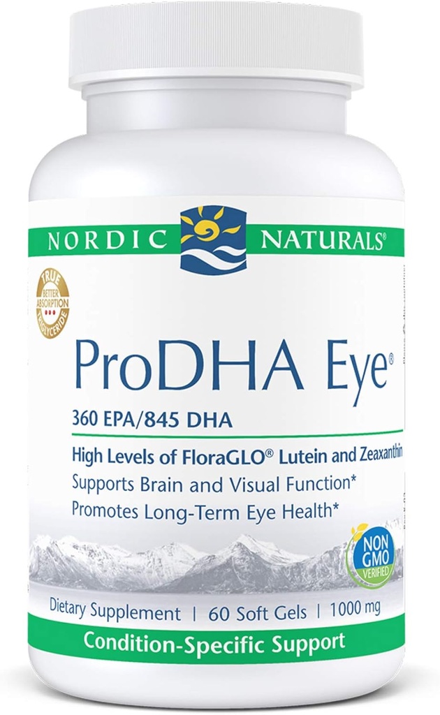 Nordic Naturals ProDHA Eye - Fish Oil, 360 mg EPA, 845 mg DHA, 20 mg FloraGLO lutein, 4 mg Zeaxantin, Support for Neurological Function and long-term Eye Health*, 60 Soft Gels