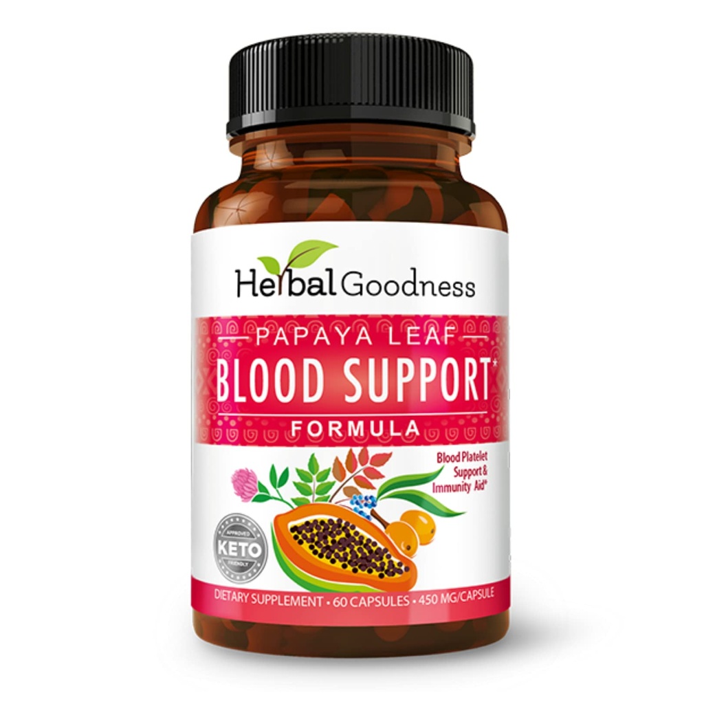 Bylinné dobroty Papaya Leaf Podpora krvi Kapsule - Doštičky a kostnej drene Zdravie, Imunita Podpora a čistenie krvi - 60/450mg Veggie Kapsule (1 fľaša)