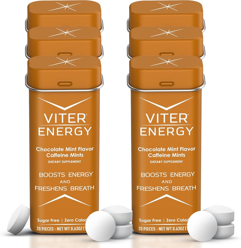 Viter Energy Caffeinated Mints 40mg Caffeine, B Vitamins, Sugar Free. (Chocolate Mint, 20pcs, 6 Pack)