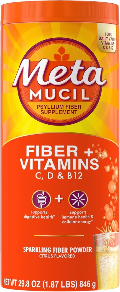 Metamucil Sparkling Fiber Supplement + Vitamíny, Plant Based Psyllium Husk prášok s vitamínmi C, D & B12, Daily Fiber Supplement for Digestive Health, Citrus Ochutené, bez cukru, 90 Servisov
