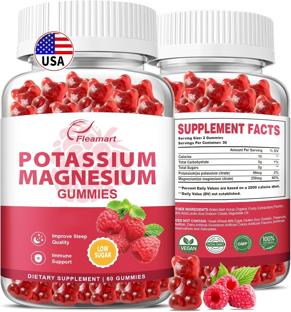 Kálium Magnézium Gumies Draslík Dusičnan draselný 99 mg Dusičnan horečnatý 250 mg Magnézium Draslík Complex Supplement, Immune Support, 60 Malinová Gumies 2 Balenie