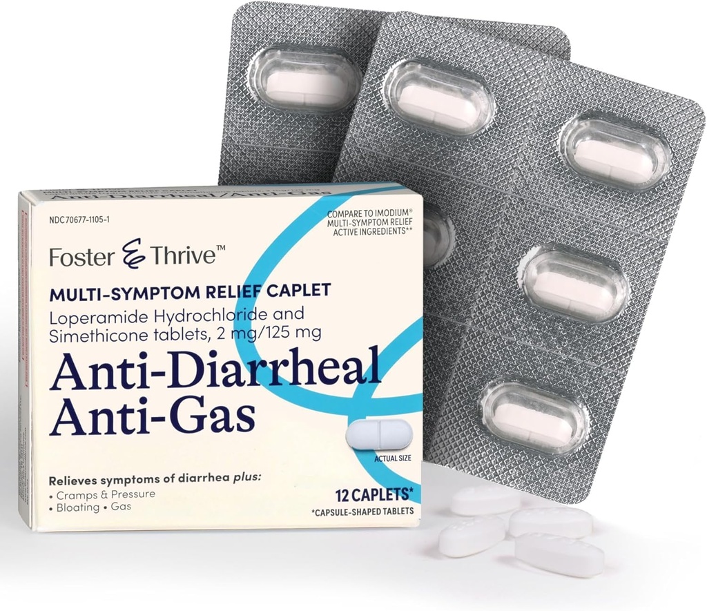Foster & Thrive Loperamide hydrochlorid a Simeticone proti hnačke proti tráve Multi-Symptom Relief, 48 Caplets, Liečba hnačky, Plyn, Bloating, Craps & Pressure, 12 Caplets (Stoj zo 4)