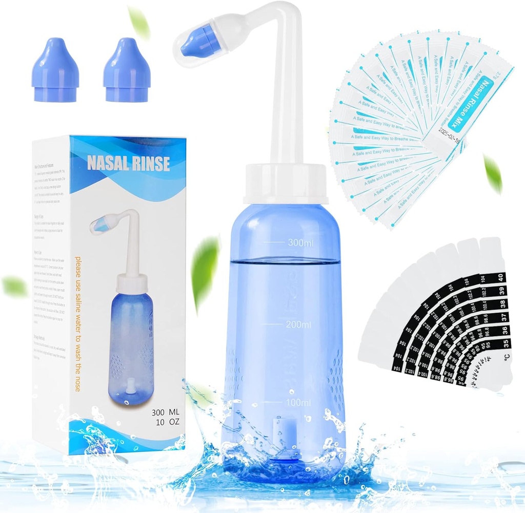 URAQT Neti Pot, Nasal Rinse Kit Nosový čistič, 300ml Sinus Rinse fľaša s 20 Nosné umývanie soľné pakety a 10 termometer sticker, Tlakové oplachovanie nosa zavlažovanie pre dospelých a deti BPA zadarmo