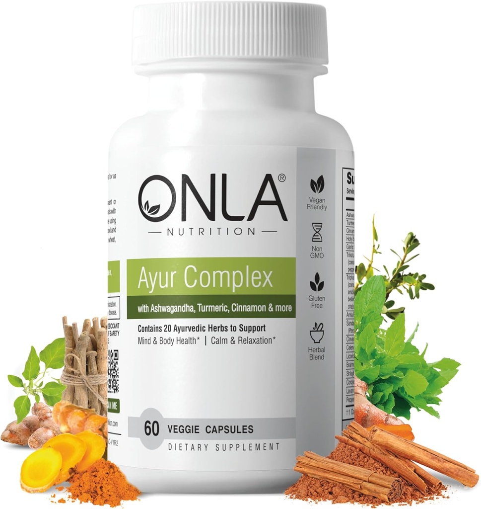 ONLA Vegan Ayurveda Bylinné doplnky (20-v-1 bylinné kapsule) - Turmérske doplnky s Ashwagandha, Škorica, Triphala, Brahmi - prírodné zložky, bylinné energetické doplnky (60 cap)