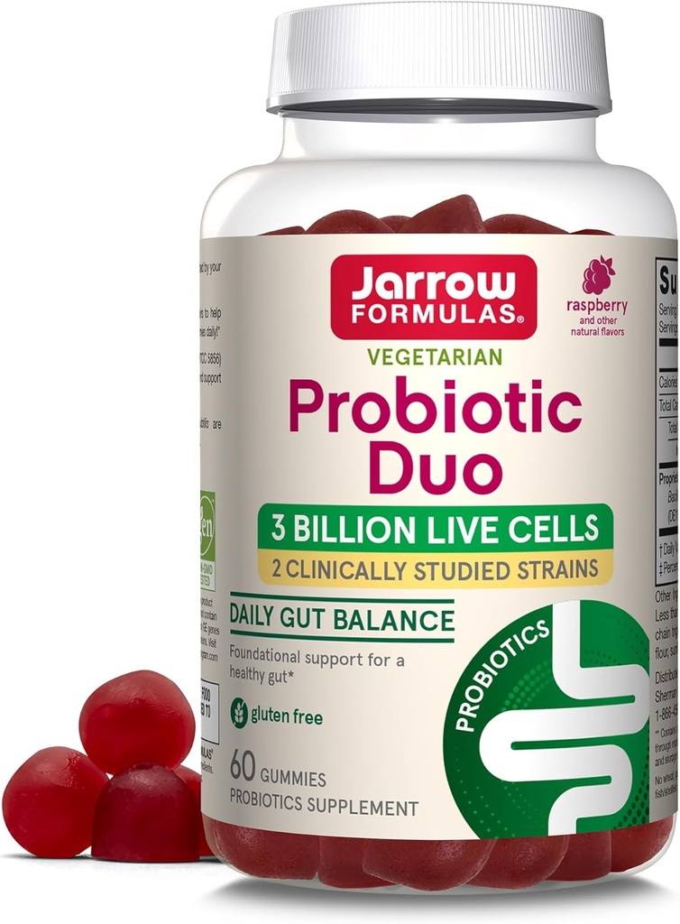 Jarrow Formules® Probiotické Duo, 3 miliardy živých buniek doplnok pre imunitné zdravie a podporu trávenia, 60 Malinová chuť Probiotické Gummy, 30 dní