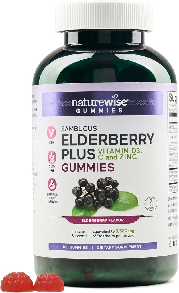 NatureWise Sambucus Elderberry Gummies - Immune Suplement for Kids Ages 4+ & Adults with Vitamin C, D3, Zinok - Elderberries Equivalent to 3520mg - Vegan, Non-GMO - 180 Count[90-Day Supply]