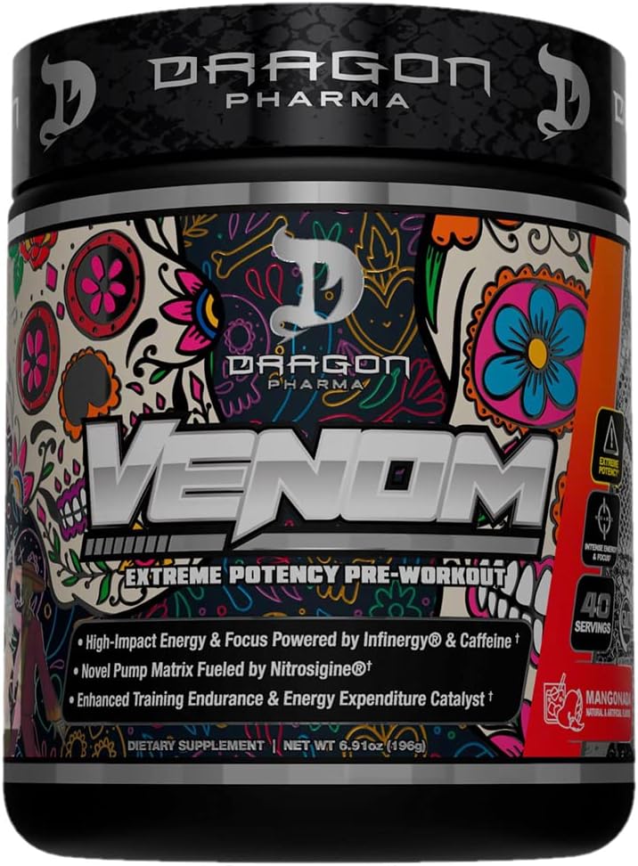 DRAGON PHARMA Venom Extreme Potency Pre-Workout, Laser Sharp Focus + Energy, Intense Performance, Osvedčené zložky pre vylepšenú vazodilatáciu a vytrvalosť (40 Servings, Mangonada)