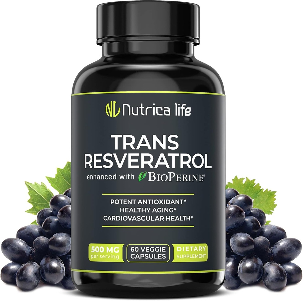 Trans Resveratrol Supplement 500mg Potent Anti Aging Formula, Výkonný antioxidant pre zdravie srdca a buniek, Mozog Booster Doplnky s Bioperine, 60 Vegan Caps