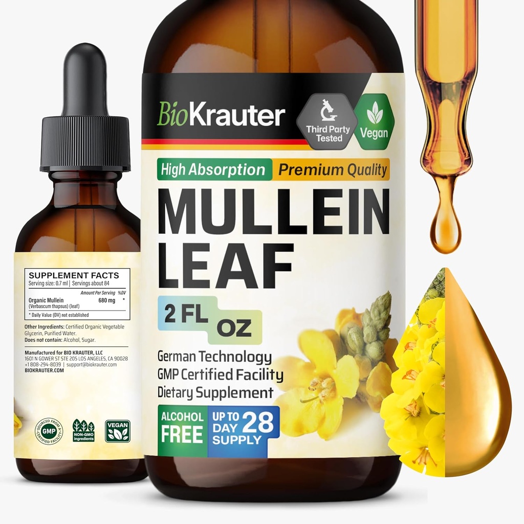 BIO KRAUTER Mullein Leaf Extract for Lungs 2 Fl. Oz - 28 dní dodávok - Pure Mullein Drops for Lung Cleans & Detox - Vegan Respiračné doplnky - non-GMO, bez cukru a alkoholu