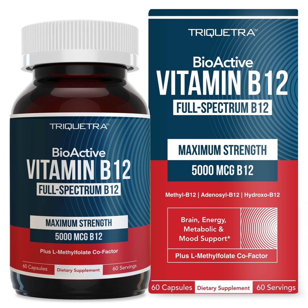 BioAktívny vitamín B12 - 5000 mcg, obsahuje 3 bioaktivné formy B12 Plus metylfolát kofaktor - Metyl B12, Adenozyl B12 & Hydroxy B12 