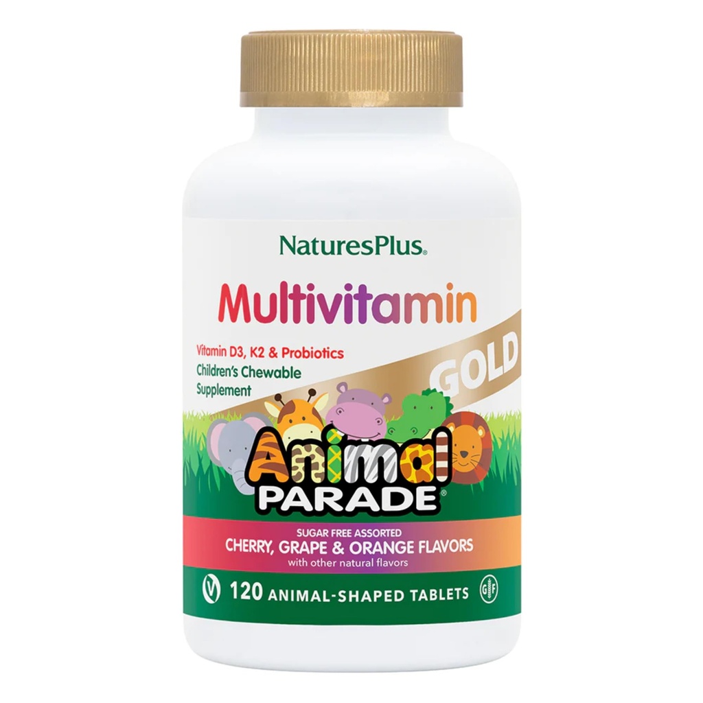 Natures Plus Animal Parade Gold Detský multivitamín - 120 Žuvacie tablety pre zvieratá - rozmanité Cherry, Orange & Grape flavors - Vegan, Gluten Free - 60 Celkové služby