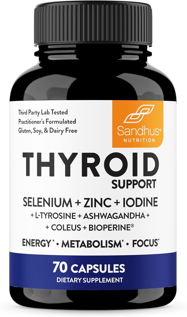 Sandhu's Thyroid Support Complex with Selenium, Zinc, Iodine, L Tyrosine, Ashwagandha | Pure Health Supplement for Women & Men |70 Count, 35 Days Supply