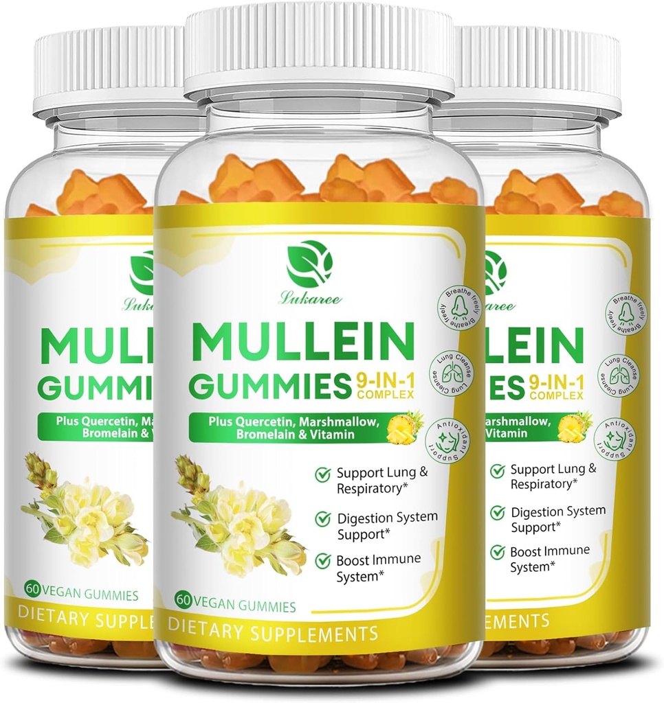 (3 balenia) 9 v 1 Mullein Gummies for Lung Cleanse & Detox, Extra Strength Mullein Leaf Extract w/Quercetin, Bromelain, Elderberry & Marshmallow for Respiration, Immune & Digestive, Vegan, 180 Počet