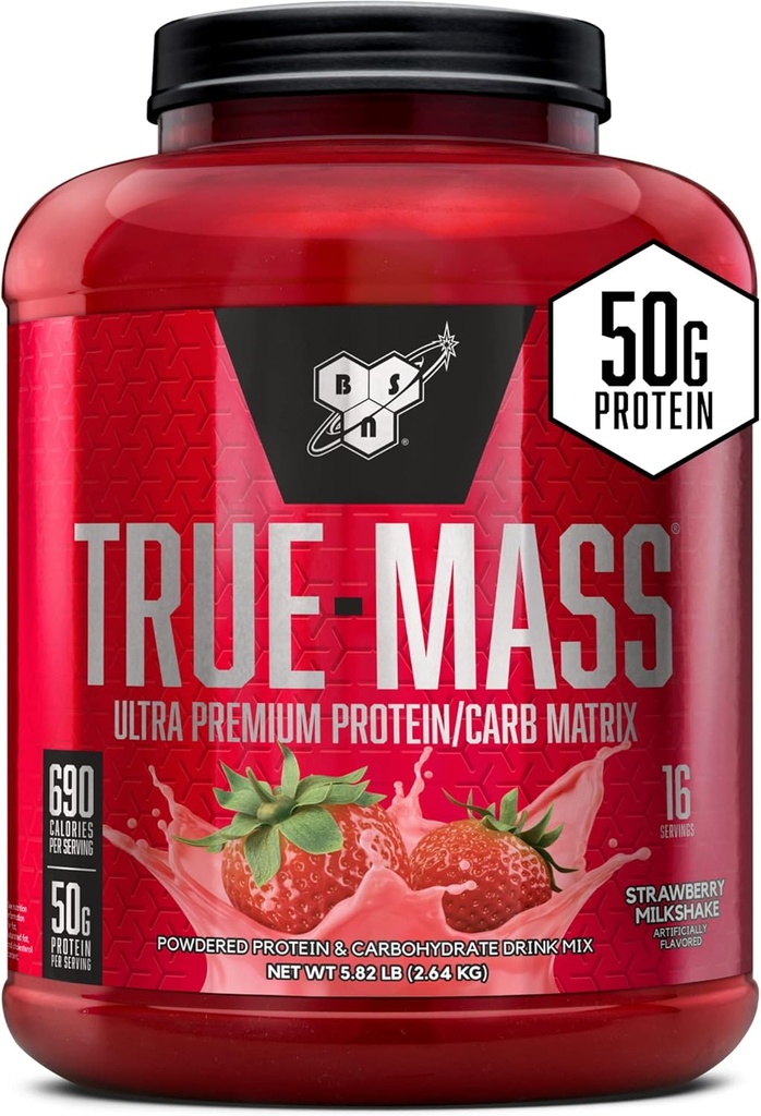 BSN TRUE-MASS Weight Gainer, Muscle Mass Gainer Protein Powder, Jahodový mliečny koktail, 5,82 libra
