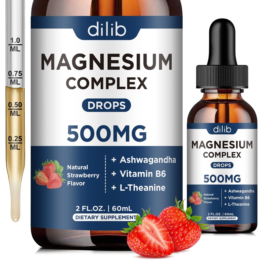 Triple Magnézium Complex Supplement-Magnezium Glycinát, Citrát, Malátne tekuté kvapky 500mg s Ashwagandha, L-teanín, Vitamín B6 pre úľavu od stresu, spánok, svalová podpora-jablková chuť