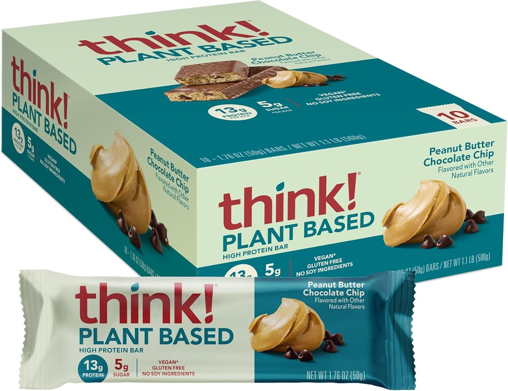 think! Vegan/Plant Based High Protein Bars - Peanut Butter Chocolate Chip, 13g Protein, 5g Sugar, No Artificial Sweeteners, Non GMO Project Verified, 10 Count (Packaging May Vary)