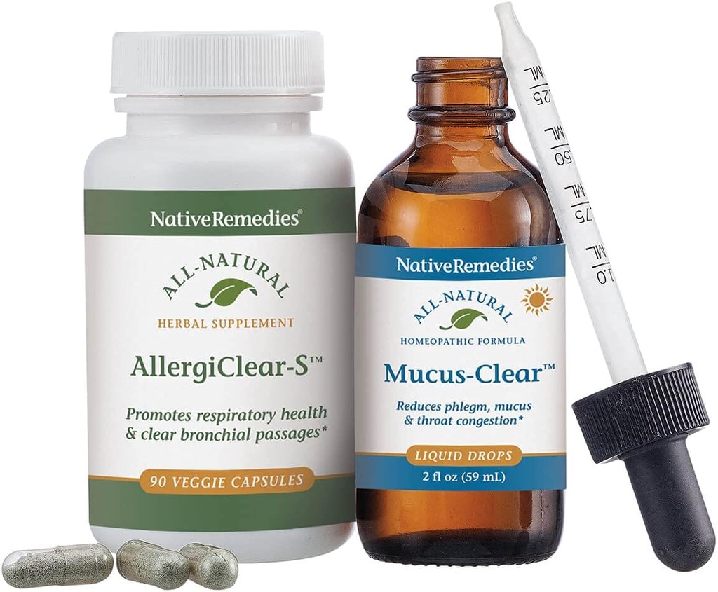 Native Remedies Clear Sinus & Throat ComboPack - Prírodné Homeopatické hlienu-Clear pre Phlegm a kongescie a bylinné doplnky AllergiClear-S pre respiračné zdravie a funkcie