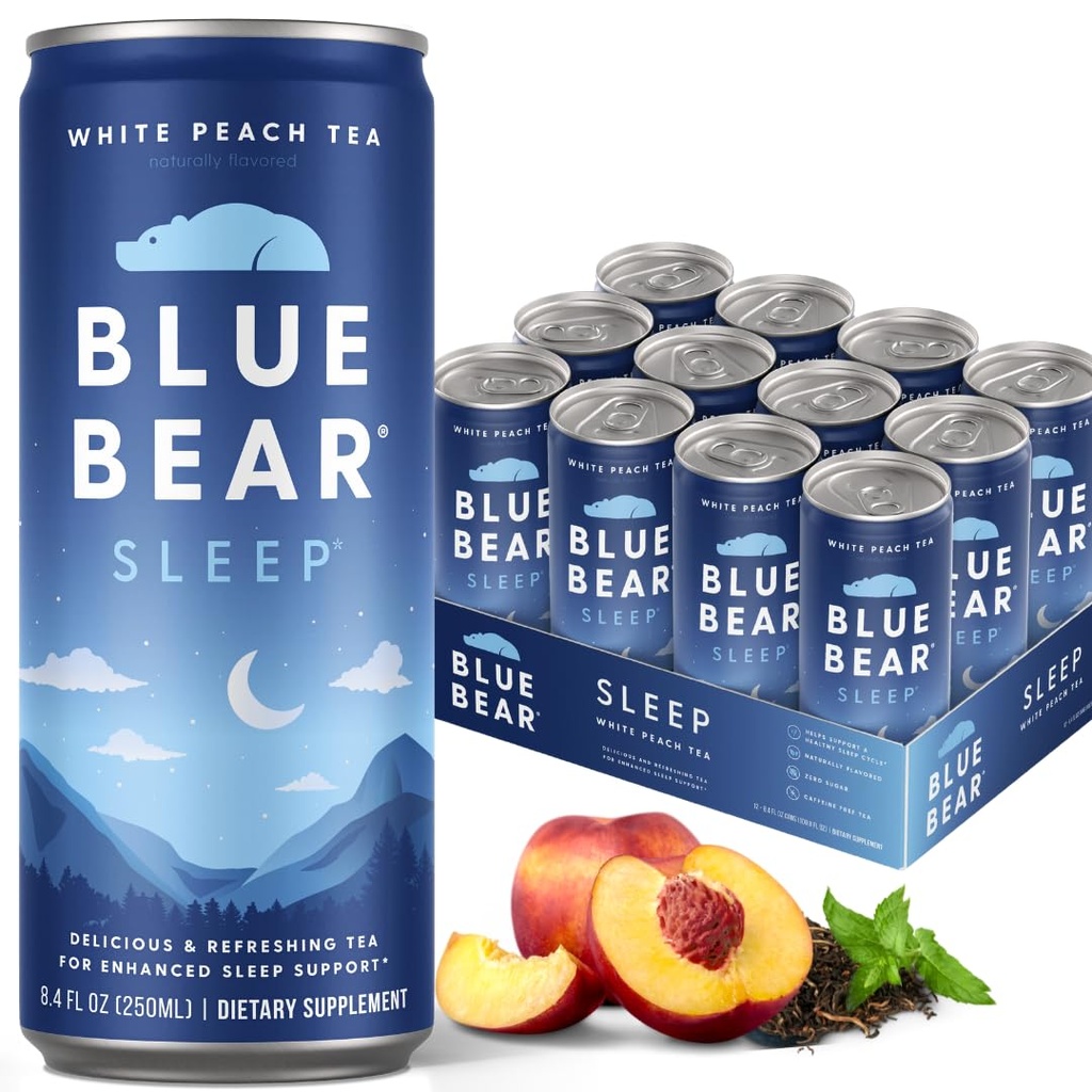 Blue Bear Melatonin Sleep Drink, Sleep Tea for Beedtime Support, White Peach Tea with Melatonin (5mg), Lavander, Ashwagandha, Chamomile, GABA, L-Theanine, Caffeine-Free, Zero Sugar, 8,4 Fl Oz 12-Pack