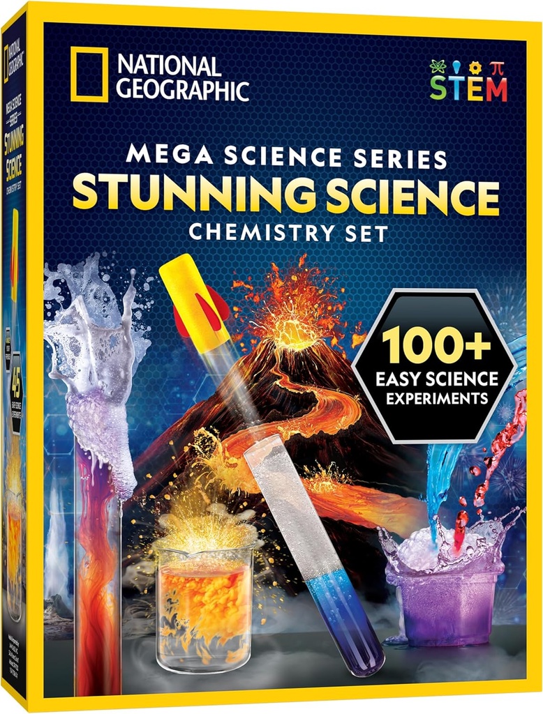 National Geographic Set ohromujúca chémia - Mega Science Kit s 45 jednoduchými experimentmi- Urobiť sopku a spustiť raketu, STEM projekty pre deti veku 8-12, Veda hračky (exkluzívne)