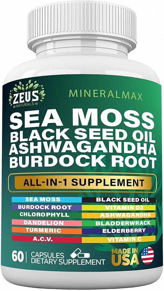 Sea Moss 3000mg Black Seed Oil 2000mg Burdock Root 1000mg Bladderwrack 1000mg Turmerica 1000mg Ashwagandha 1000mg - Elderberry, VIT C, VIT D3, Manuka, ACV (60 Počet)