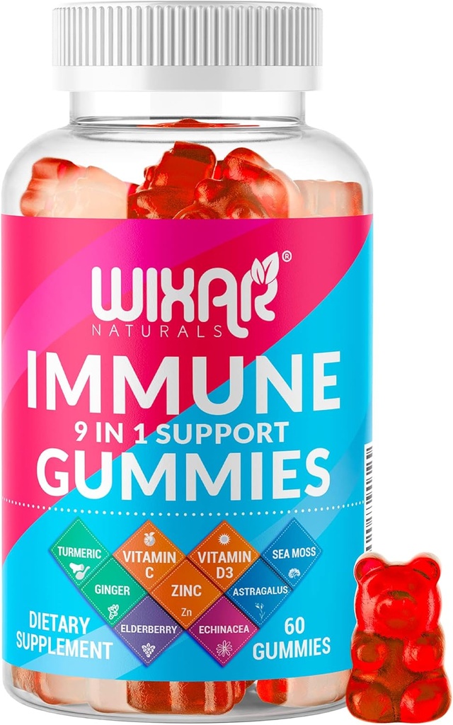 9 v 1 Imunitná podpora Gumičky s bazami, vitamínom C a D, zinok, kurkuma, zázvor, Echinacea, Astragalus a morské mos pre Imunity Supplement - 60 Gummies