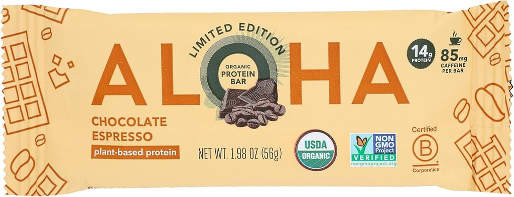 Aloha Organic Chocolate Espresso Protein Bars, 14g Plant-Based Protein, 85mg Kofeín, USDA Certified Organic, Gluten Free & Non-GMO, 1,98 Oz (Pack of 12)