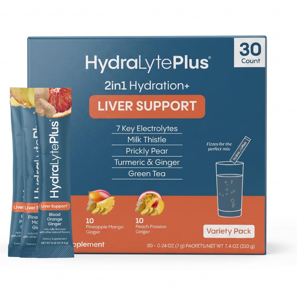 Hydralyte Podpora pečene + Electrolyte Mix s mliekom bodliak, kurkuma, zázvor, priehlbitý pear, zelený čaj extrakt formulovaný pre rýchlu rehydratáciu (Variety Flavor, 30 paketov)
