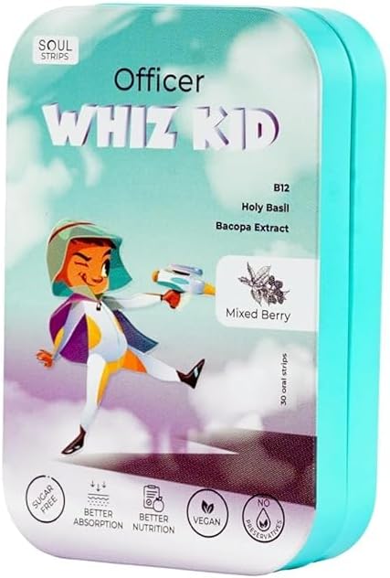 Soul Strips Dôstojník Whiz Kid - Bacopa & Holy Basil pre zvýšenú funkciu mozgu Vitamín B12, zmiešané Berry chuť, Zero Sugar, Vegan, 30 Strips Pack