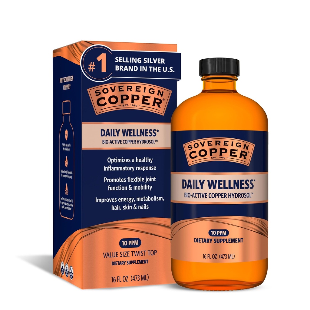Sovereign Bio-Active Copper Hydrosol - Biodostupné Koloidná meď Liquid Supplement for Adults and Kids with Silver Hydrosol for Immune Support, Hair, Skin, and Nails - 16 fl oz (473ml)