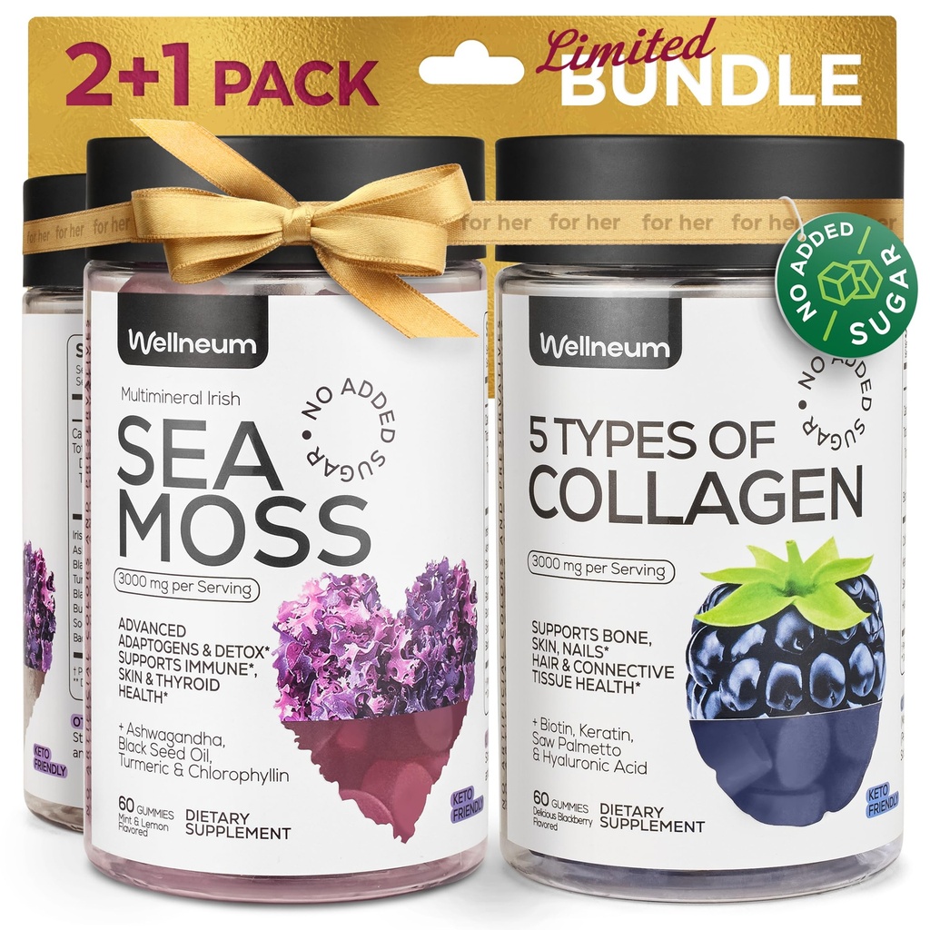 Kolagén a morské machy Gummy Bundle - Kolagénové Peptidy, Írske morské machy, Biotin, Keratín, Bladderwrack - Gumový doplnok pre imunitu, detox, zdravé vlasy, koža a nechty - pre mužov a ženy