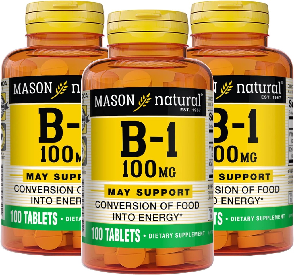 Mason Natural Vitamin B1 (Thiamin) 100 mg, Zdravá konverzia potravín na energiu, podporuje Nerve a Immune Health, 100 tabliet (Pack of 3)