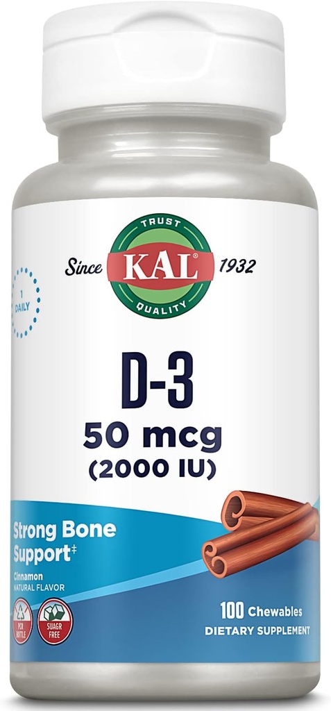KAL Vitamín D3 Žuvačky 50 μg, vitamín D 2000 IU ako cholekalciferol, bez cukru, prírodná škorica chuť D3 vitamín, imunitná podpora a zdravie kostí, 100 dávok, 100 žuvačiek