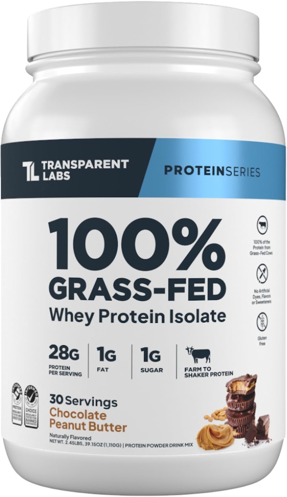 Transparentné Labs Grass-Fed Wheey Protein Isolát - Prirodzene ochutený, Gluten Free Wheey Protein prášok s 28g proteínu na porciu & 9 aminokyselín - 30 porcií, Čokoládové arašidové maslo