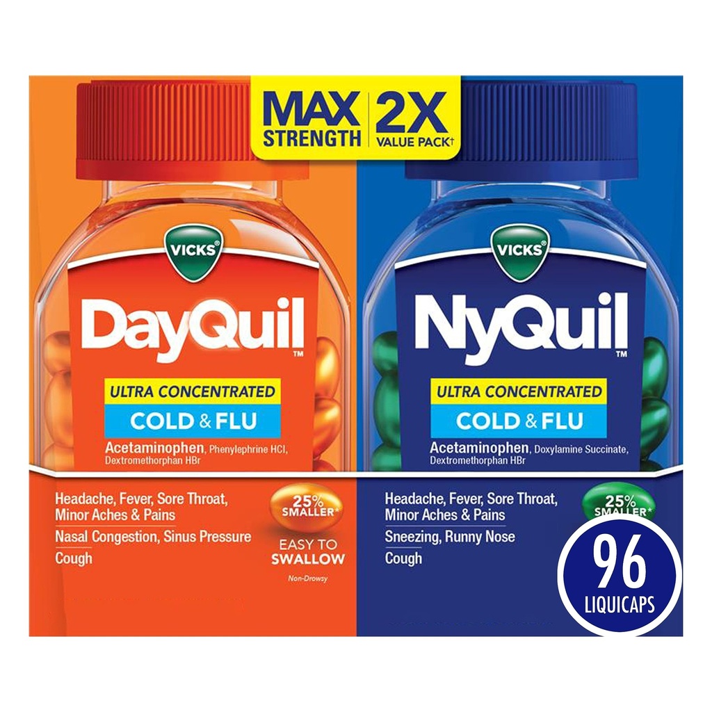 Vicks DayQuil & NyQuil Ultra Concentrated Liquicaps Co-Pack, Cold & Flu Medicine, Výkonný multi-Symptom Day-time & NyQuil Relief for Bolesť hlavy, Fever, Sore Throat, Minor Aches & Pays, & Cough, 96ct