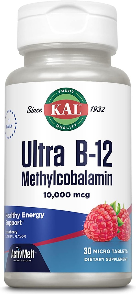 KAL Ultra B12 Metylkobalamín 10 000 μg, vysoká potencie vitamín B-12 pre zdravú energiu, metabolizmus, Nerve, podpora červených krviniek, * Prírodné malinová príchuť, vegetariánska, 30 Micro tablety, 30 porcií