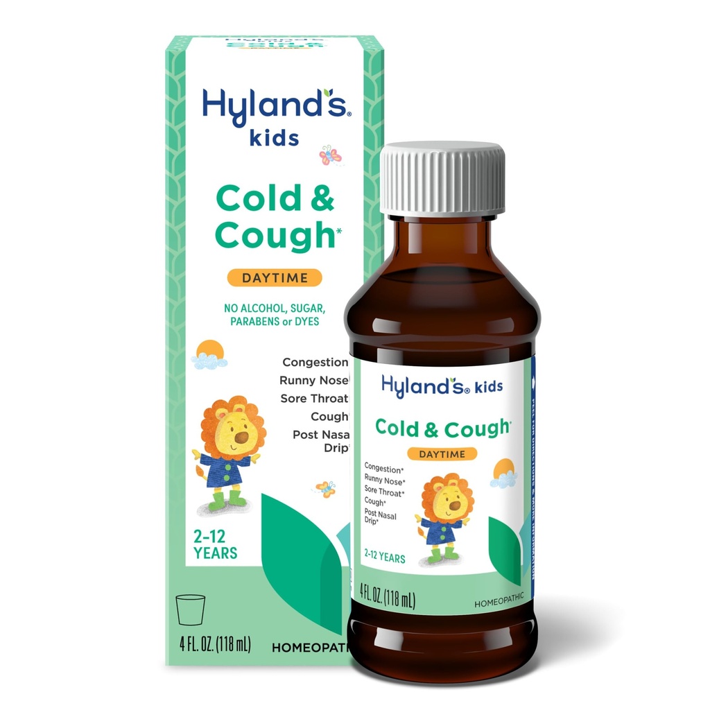Hyland's Kids Cold and Cough, Daytime Cough Sirup Medicine for Kids Age 2 and up, Decongestant, Sore Throat Relief, Natural Liečba pre bežné studené symptómy, 4 Fl Oz