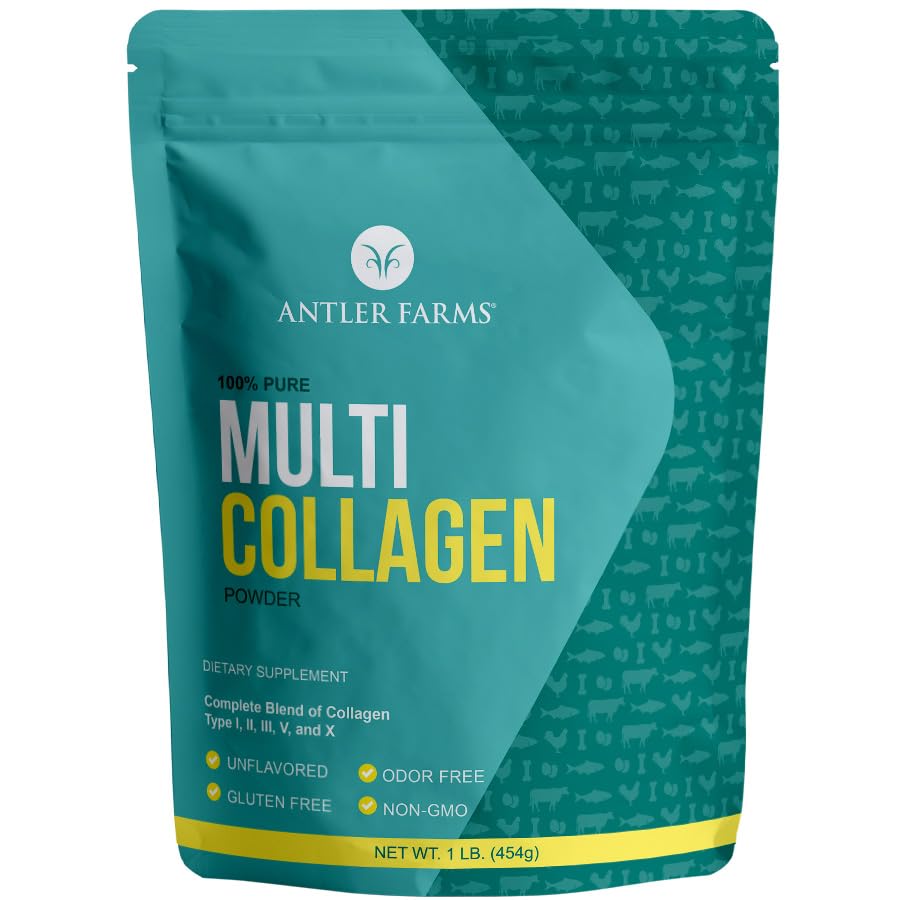 Antler Farmy - Multi kolagén Protein Powder - 5 Typy (I, II, III, V, a X) 100% Pure Hydrolyzed Collagen Peptidy pre mužov a ženy - Biologicky dostupné, Rýchla absorpcia - Neochutené - 1 lb