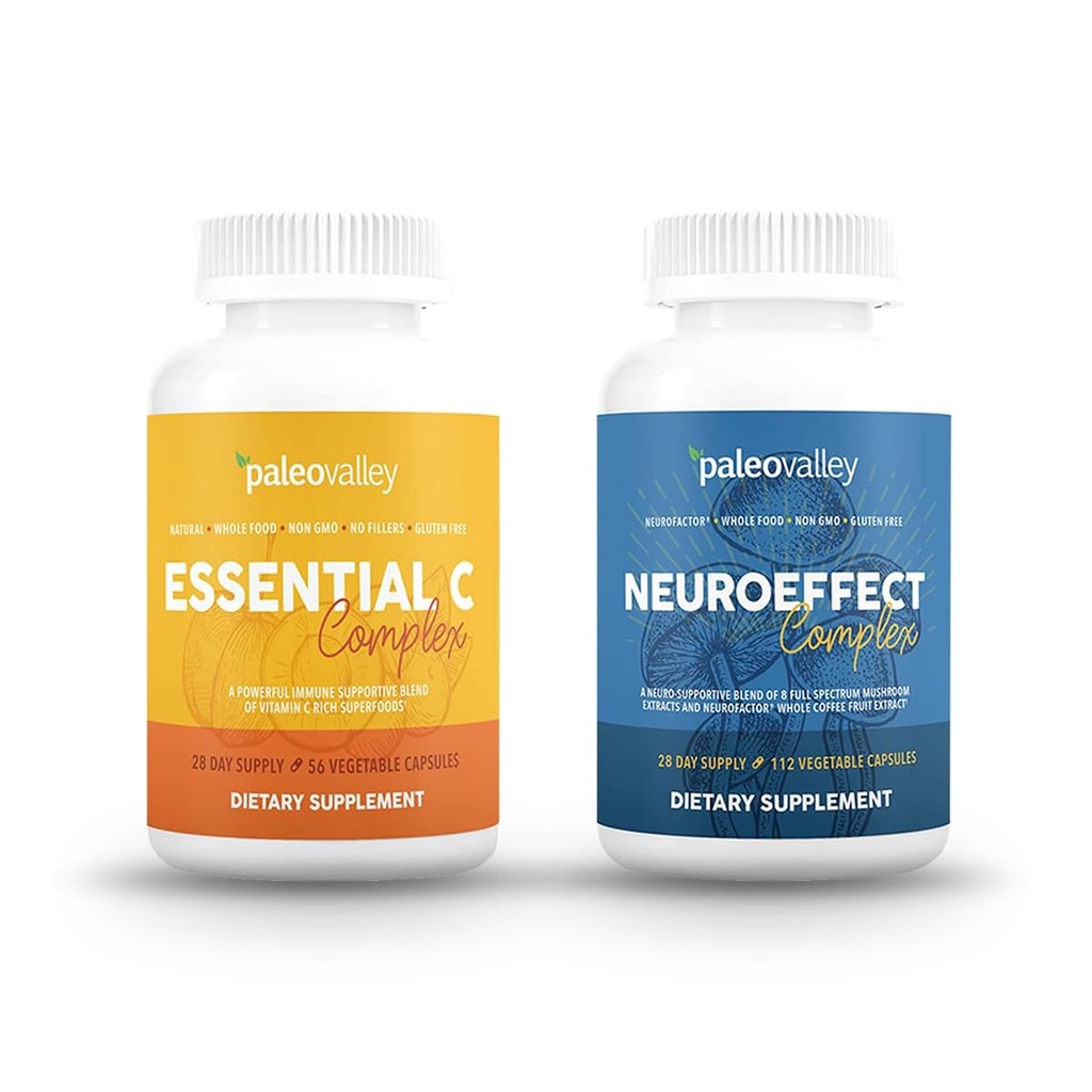 Paleovalley NeuroEffect + Essential C Complex Bundle - Neuro Hubová káva extrakt, vitamín C doplnok 450g Focus, pamäť, energia, imunitná podpora, organické superpotraviny