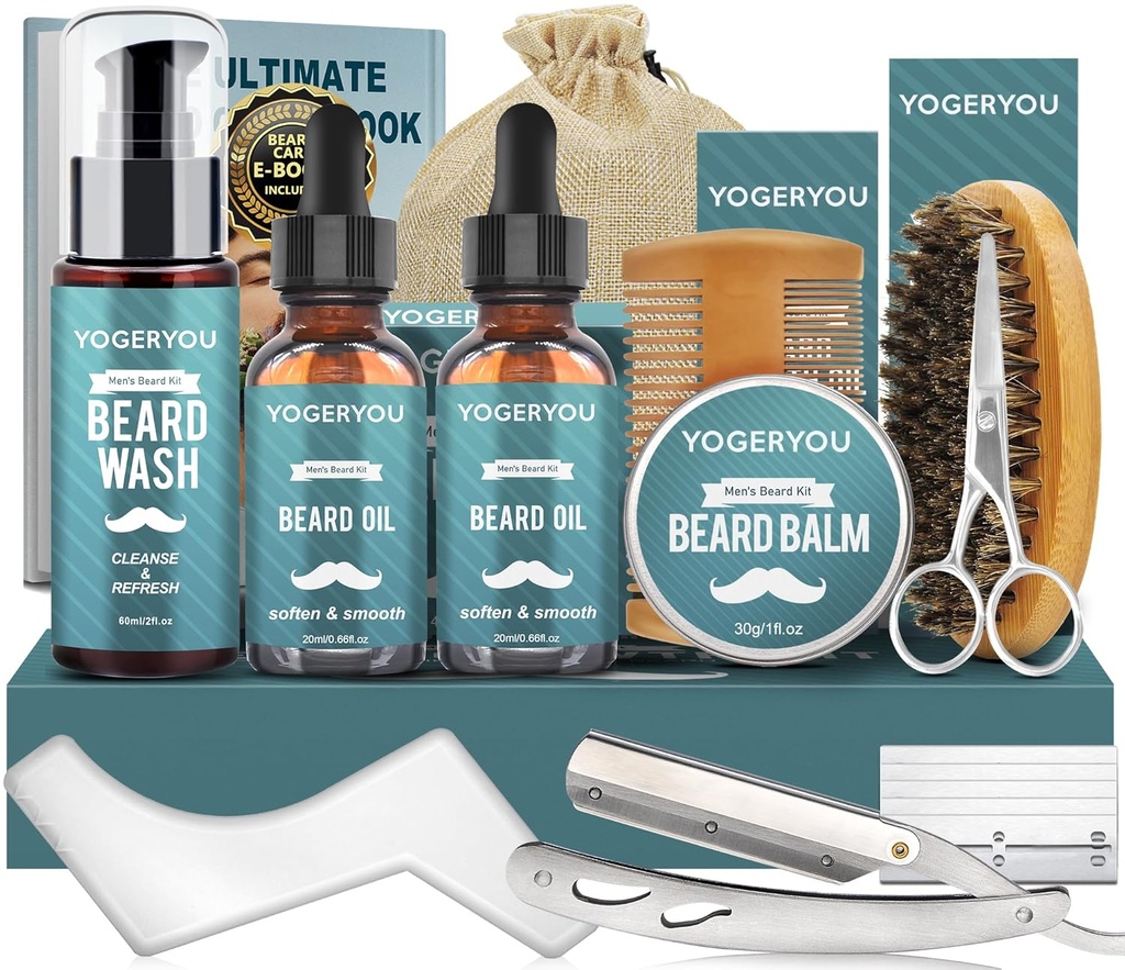 Brada Kit, Bard Grooming Kit pre mužov W/Straight Razor,2 BACK Bad Beard Oil, Wash, Balm, Brush, Comb, Nožnice Muži narodeniny Vianočné darčeky pre mužov Priateľ Manžel Brada Trimming Kit holenie