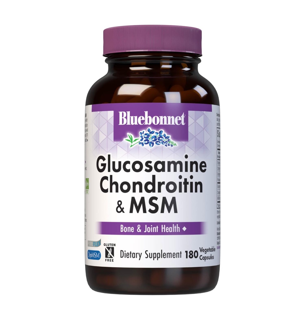 Bluebonnet Nutrition Glukozamín Chondroitin Plus MSM, Glukozamín, Chondroitín Sulfát, vitamín C & OptiMSM, zdravie kostí a kĺbov, non GMO, bezlepok, bez sóje, bez mlieka, 180 rastlinných kapsúl